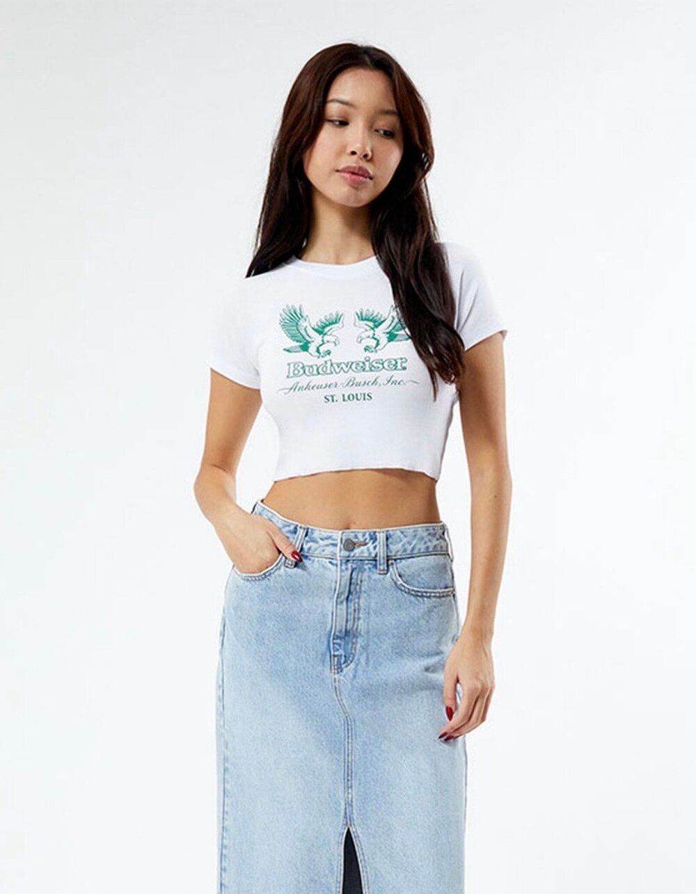 Budweiser PacSun Eagle Graphic Raglan Crewneck Raw Hem Cropped Baby Tee T-Shirt